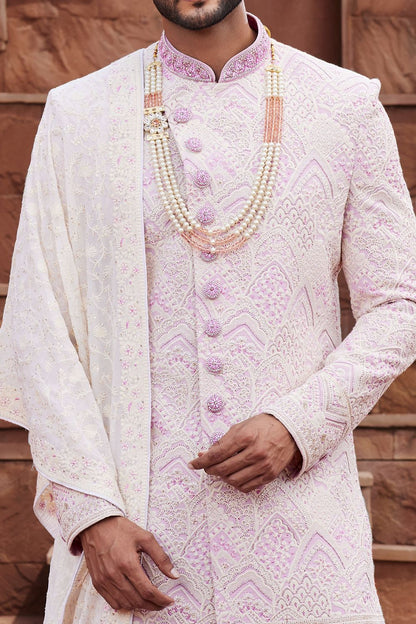 Cream Georgette Sherwani for Men (NMK-7158) - Nihal Fashions