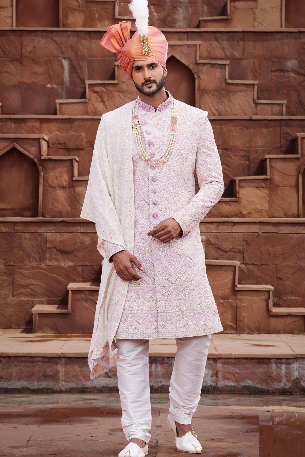 Cream Georgette Sherwani for Men (NMK-7158) - Nihal Fashions