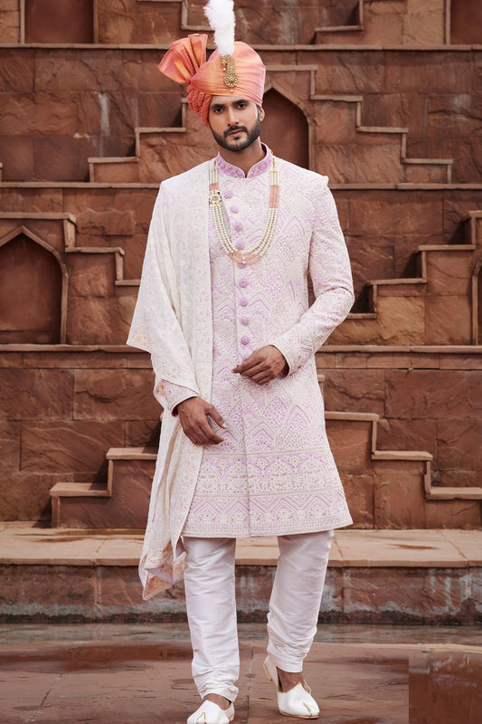 Cream Georgette Sherwani for Men (NMK-7158) - Nihal Fashions