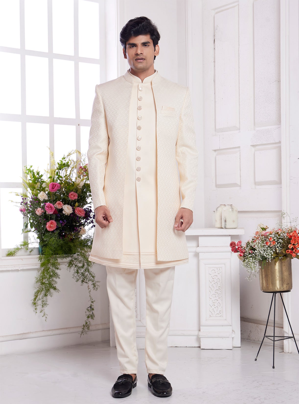 Cream Imported Jaquard Silk 3 Pcs Jacket Set (NMK-8331) - Nihal Fashions