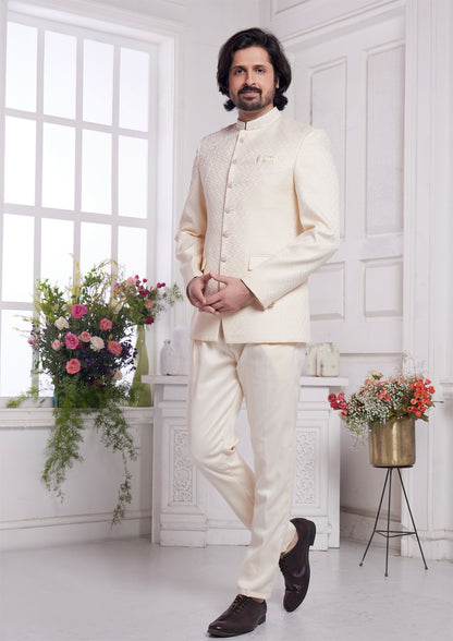 Cream Imported Jaquard Silk Jodhpuri (NMK-8342) - Nihal Fashions