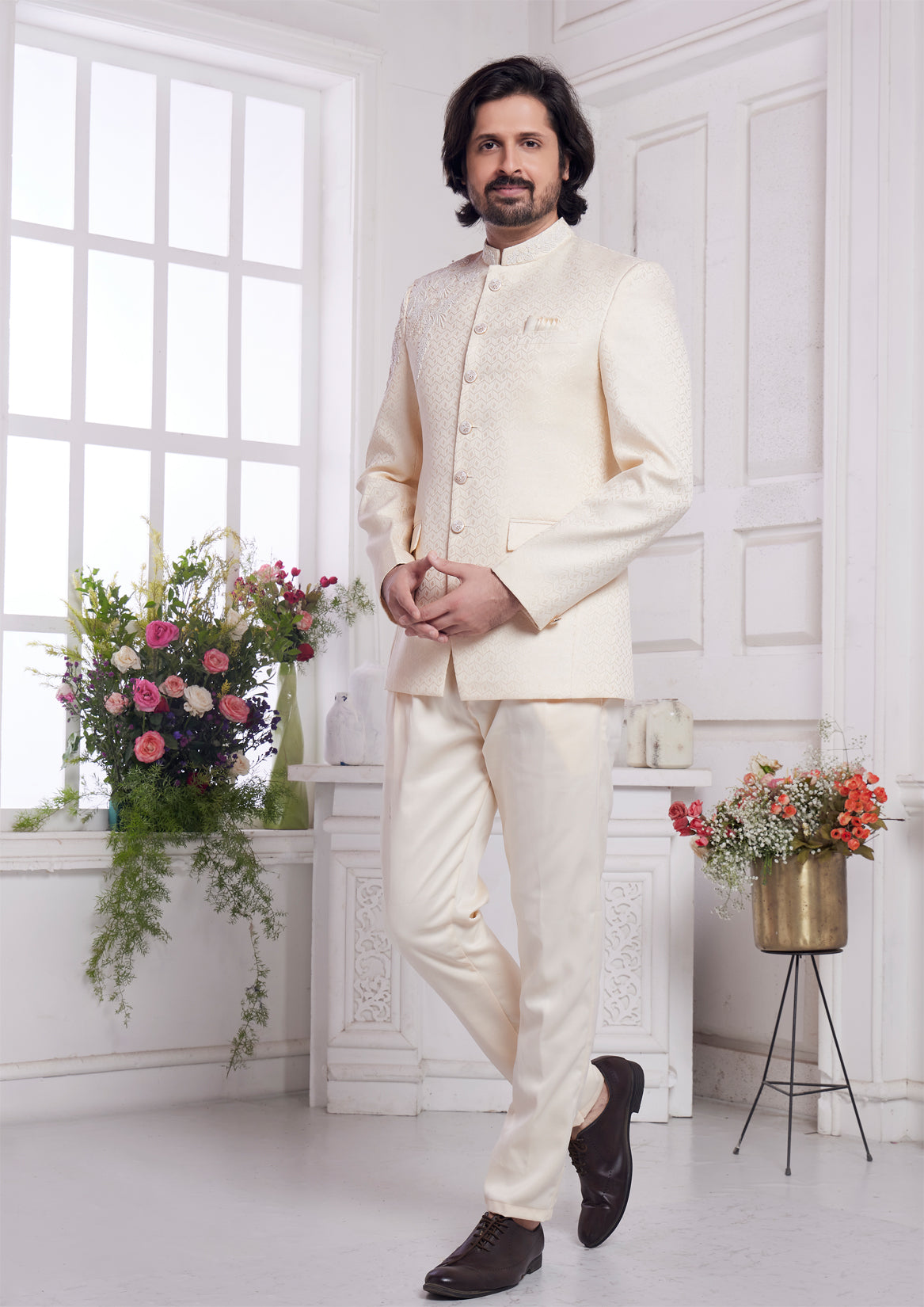 Cream Imported Jaquard Silk Jodhpuri (NMK-8342) - Nihal Fashions