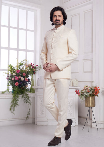 Cream Imported Jaquard Silk Jodhpuri (NMK-8342) - Nihal Fashions