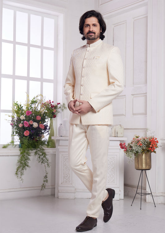 Cream Imported Jaquard Silk Jodhpuri (NMK-8342) - Nihal Fashions