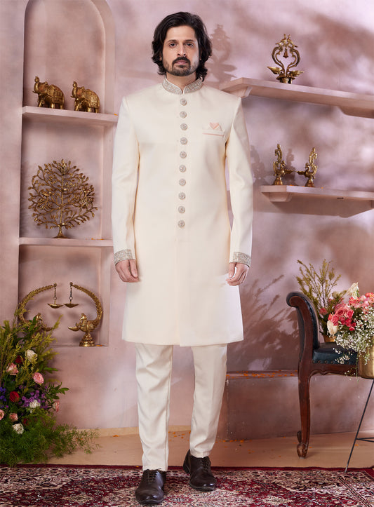 Cream Imported Sherwani (NMK-8309) - Nihal Fashions