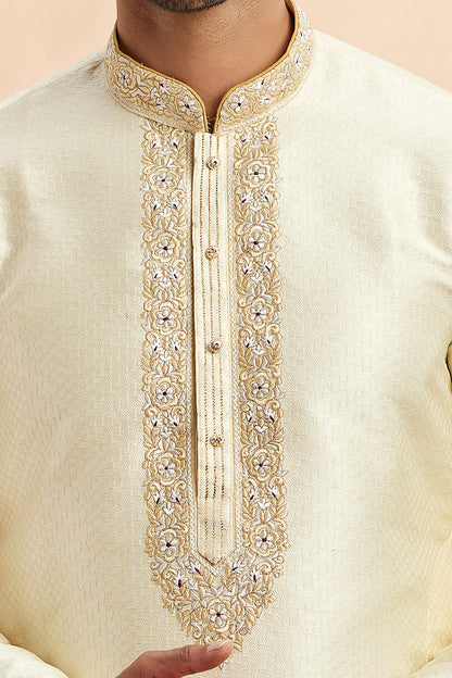 Cream Jaquard Art Silk Kurta Pajama (NMK-7919) - Nihal Fashions