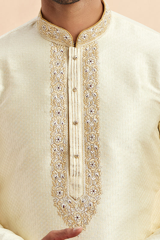 Cream Jaquard Art Silk Kurta Pajama (NMK-7919) - Nihal Fashions