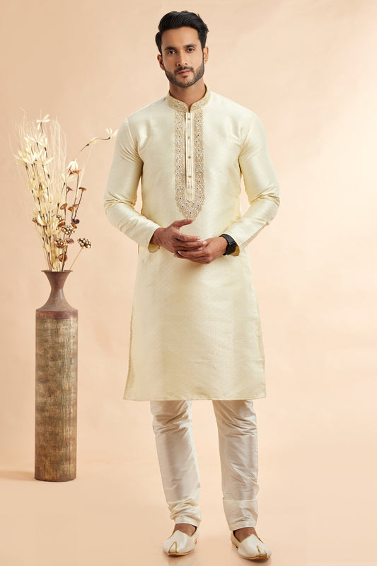 Cream Jaquard Art Silk Kurta Pajama (NMK-7919) - Nihal Fashions