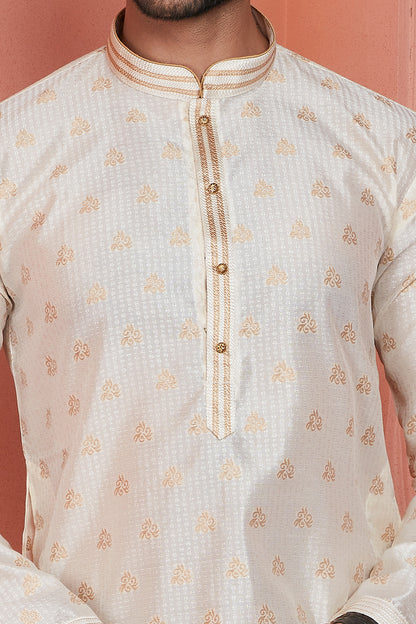 Cream Jaquard Banarasi Silk Kurta for Men (NMK-8165) - Nihal Fashions