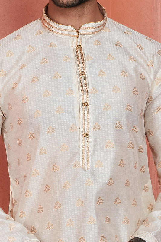 Cream Jaquard Banarasi Silk Kurta for Men (NMK-8165) - Nihal Fashions