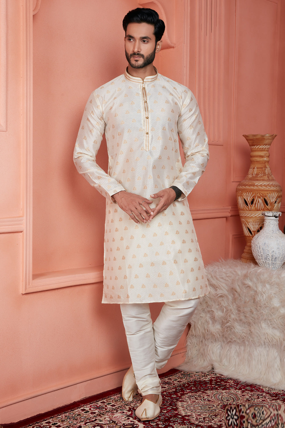 Cream Jaquard Banarasi Silk Kurta for Men (NMK-8165) - Nihal Fashions