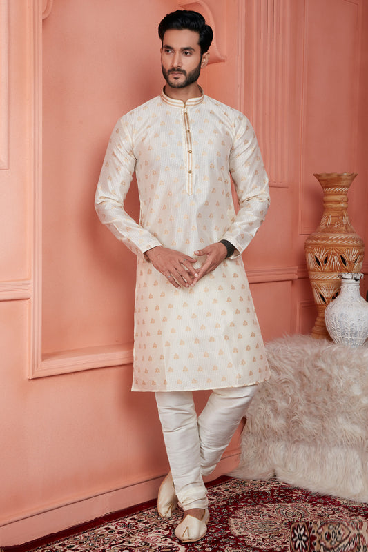 Cream Jaquard Banarasi Silk Kurta for Men (NMK-8165) - Nihal Fashions