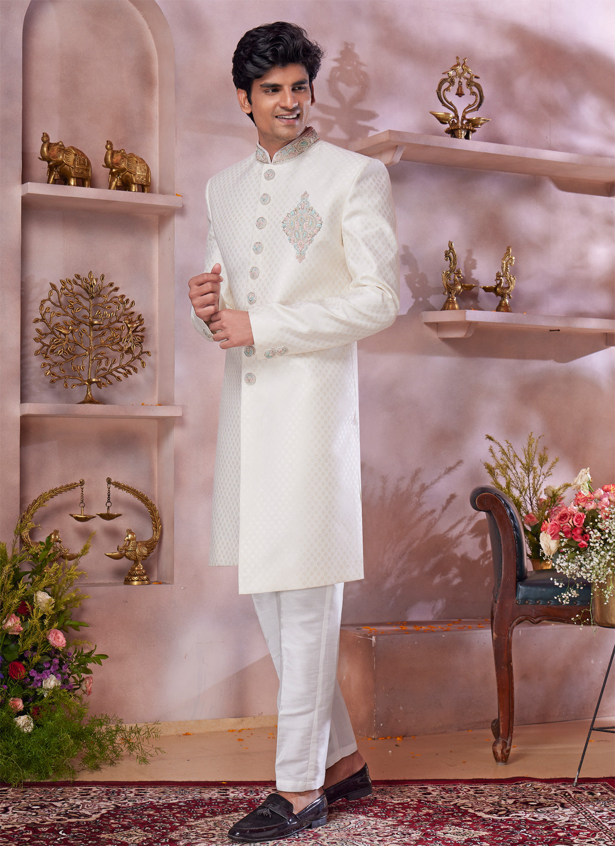 Cream Jaquard Banarasi Silk Sherwani (NMK-8305) - Nihal Fashions