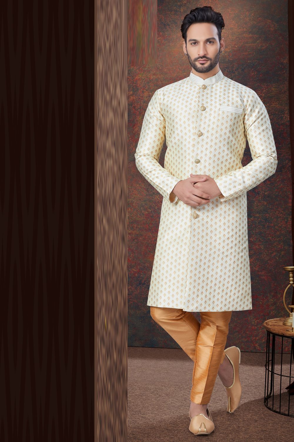 Cream Jaquard Indo Western for Men (NMK-7848) - Nihal Fashions