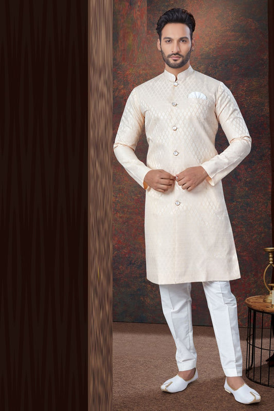 Cream Jaquard Indo Western (NMK-7852) - Nihal Fashions