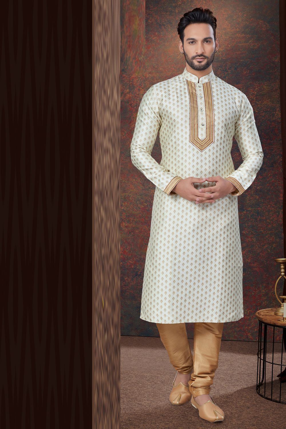Cream Jaquard Kurta Pajama (NMK-7821) - Nihal Fashions
