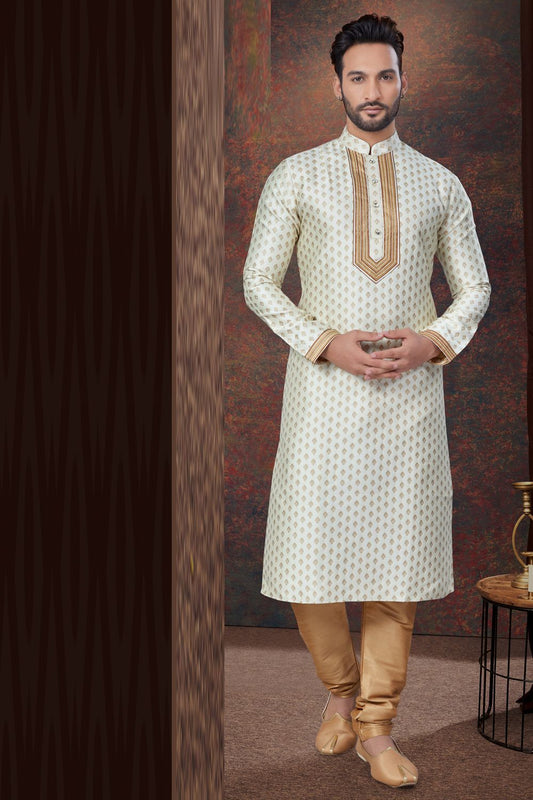 Cream Jaquard Kurta Pajama (NMK-7821) - Nihal Fashions