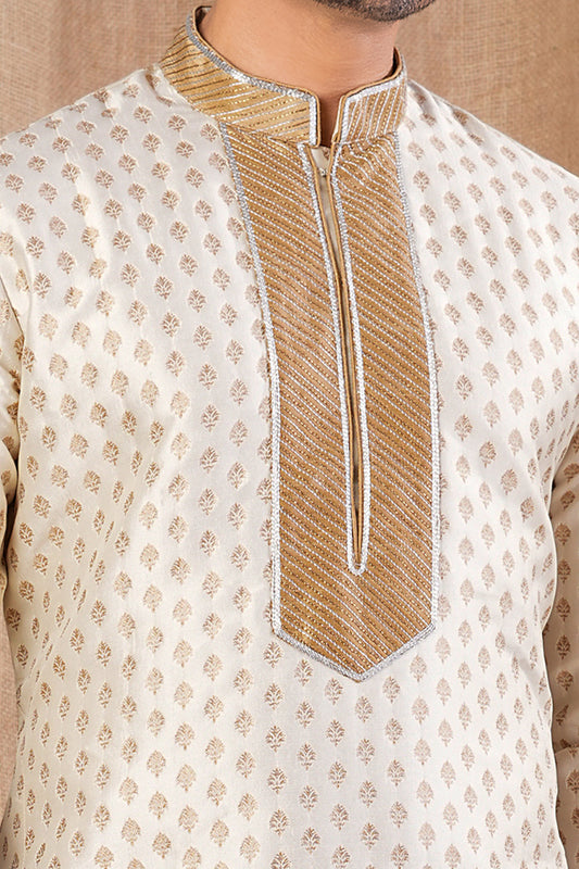 Cream Jaquard Kurta Pajama (NMK-8501) - Nihal Fashions
