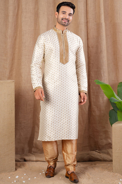 Cream Jaquard Kurta Pajama (NMK-8501) - Nihal Fashions