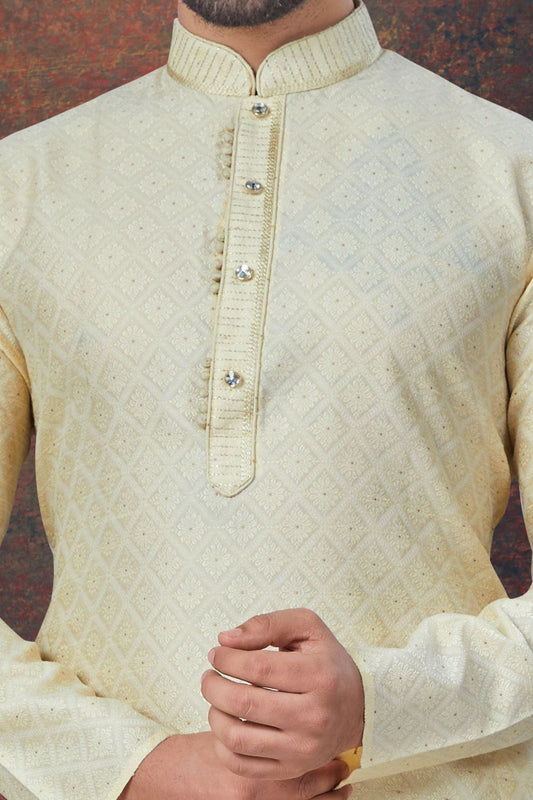 Cream Jaquard Mens Kurta Pajama (NMK-7823) - Nihal Fashions