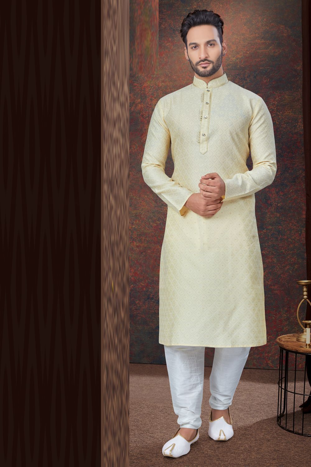 Cream Jaquard Mens Kurta Pajama (NMK-7823) - Nihal Fashions