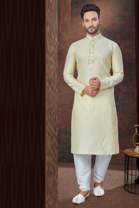 Cream Jaquard Mens Kurta Pajama (NMK-7823) - Nihal Fashions