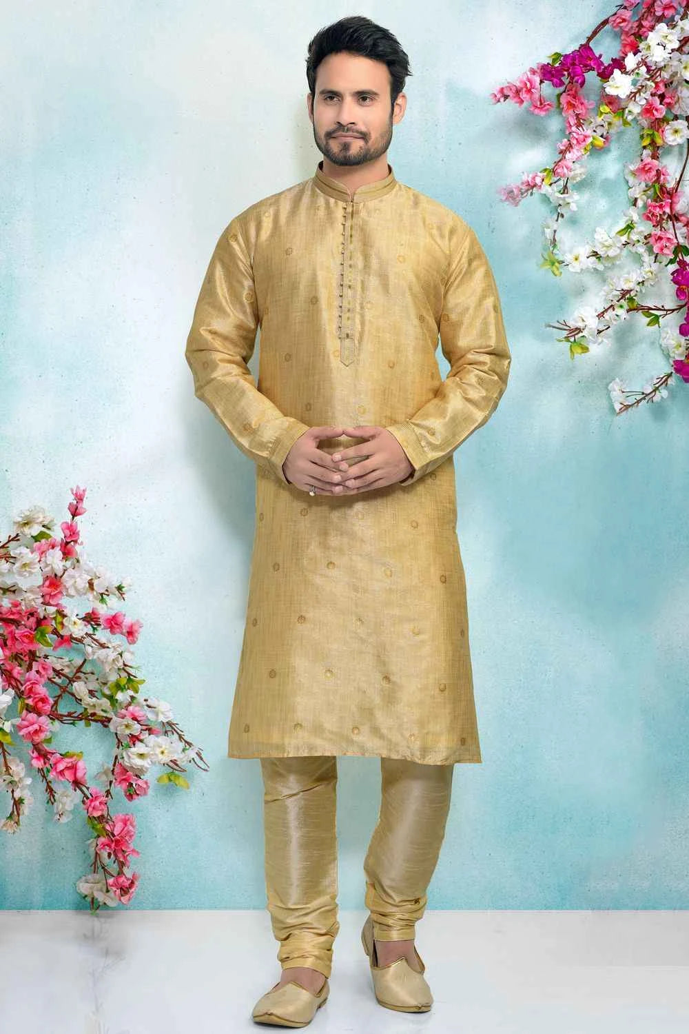 Cream Jaquard Silk Brocade Kurta Pajama (NMK-4915)