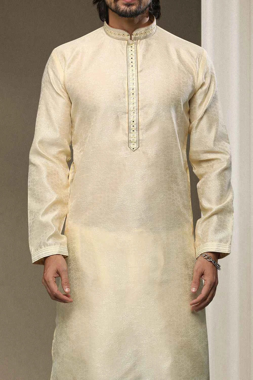 Cream Jaquard Silk Brocade Kurta Pajama (NMK-5940)