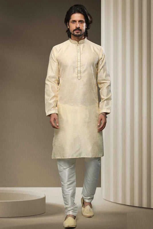 Cream Jaquard Silk Brocade Kurta Pajama (NMK-5940)