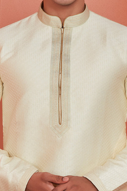 Cream Jaquard Silk Brocade Kurta Pajama (NMK-8153) - Nihal Fashions