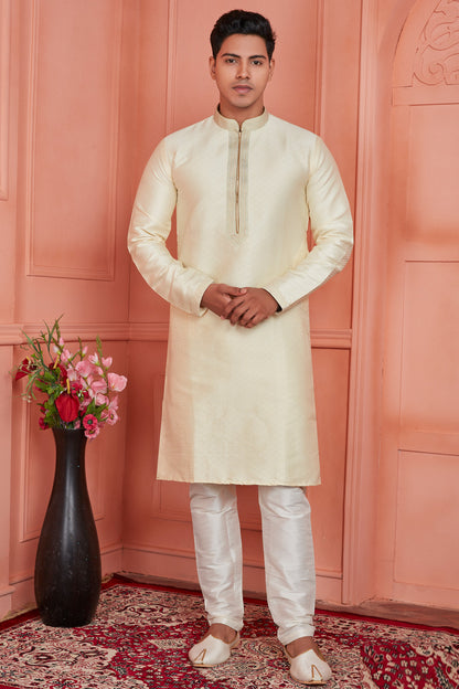 Cream Jaquard Silk Brocade Kurta Pajama (NMK-8153) - Nihal Fashions