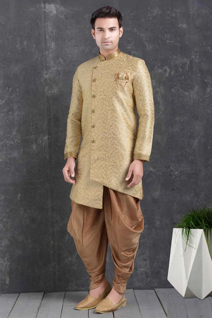 Cream Jaquard Silk Brocade Mens Indo Western Kurta (NMK-5004)