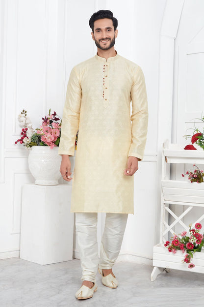 Cream Jaquard Silk Brocade Mens Kurta (NMK-7750) - Nihal Fashions