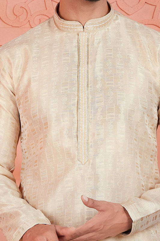 Cream Jaquard Silk Brocade Mens Kurta (NMK-7752) - Nihal Fashions