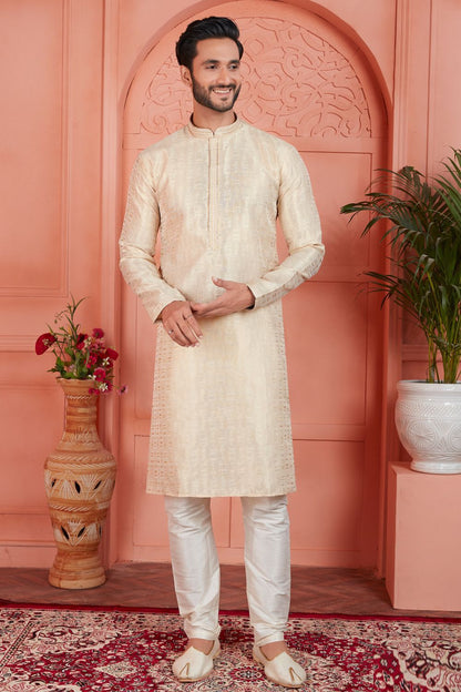 Cream Jaquard Silk Brocade Mens Kurta (NMK-7752) - Nihal Fashions