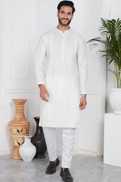 Cream Linen Cotton Kurta Pajama (NMK-7580) - Nihal Fashions