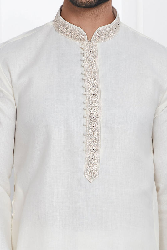 Cream Linen Cotton Kurta Pajama (NMK-7597) - Nihal Fashions