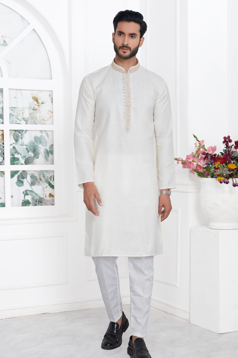 Cream Linen Cotton Kurta Pajama (NMK-7597) - Nihal Fashions