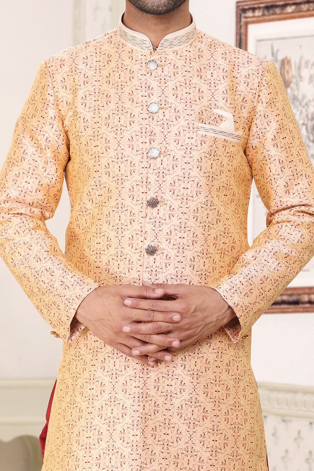 Cream Maroon Banarasi Jaquard Indo Western (NMK-6887) - Nihal Fashions