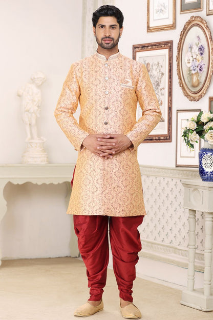 Cream Maroon Banarasi Jaquard Indo Western (NMK-6887) - Nihal Fashions