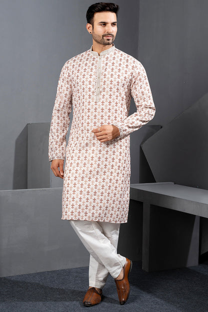 Cream Printed Cotton Silk Kurta Pajama (NMK-8786) - Nihal Fashions