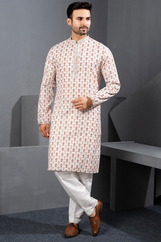Cream Printed Cotton Silk Kurta Pajama (NMK-8786) - Nihal Fashions