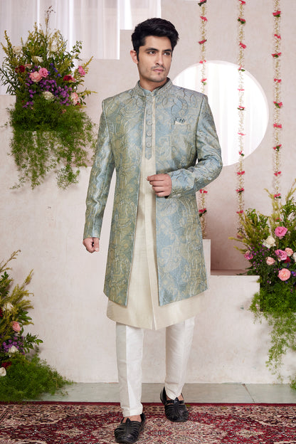 Cream Silk 3 piece Jacket Set (NMK-8415) - Nihal Fashions
