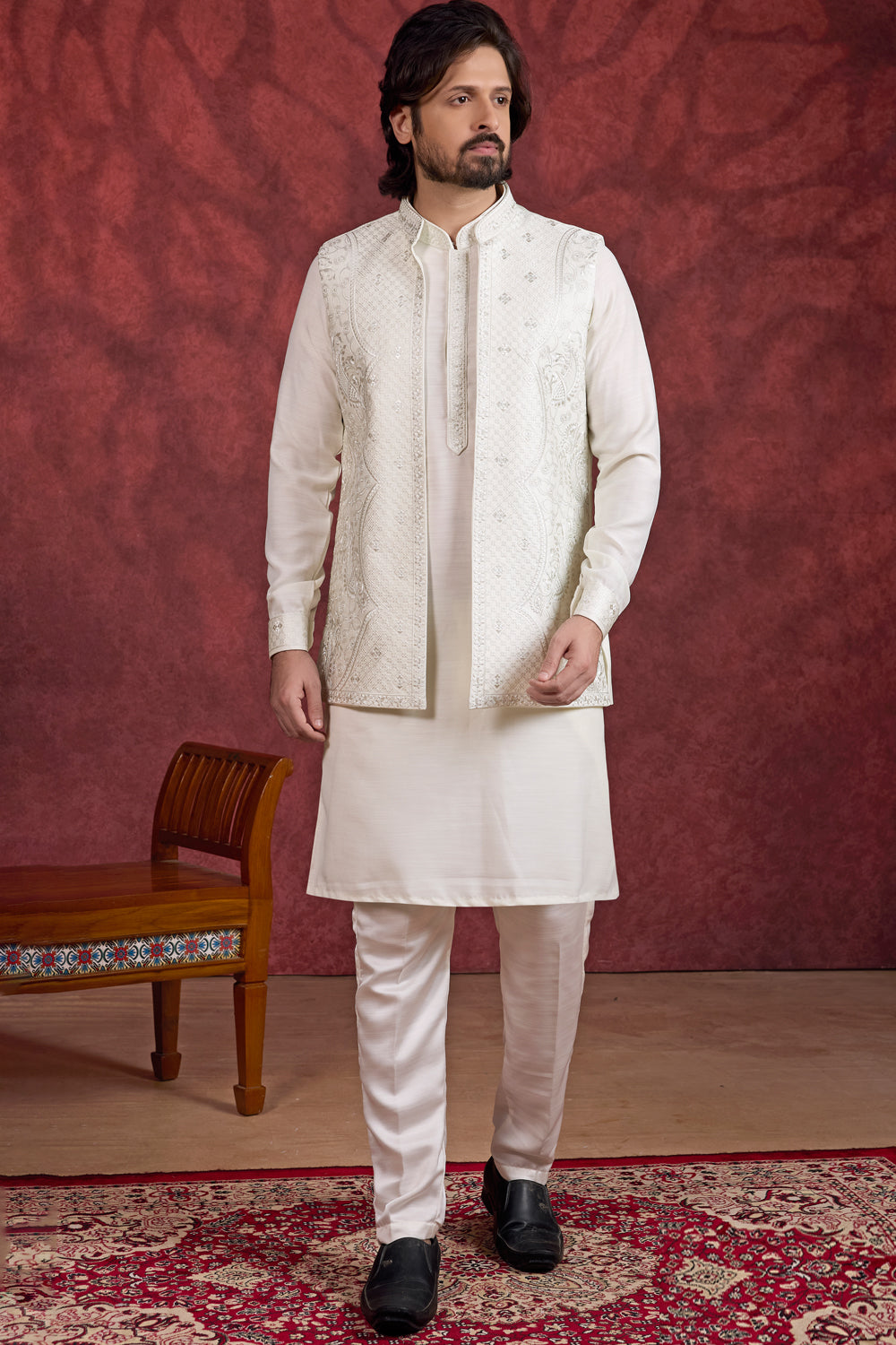 Cream Silk 3 piece Long Kurta Jacket (NMK-8693) - Nihal Fashions