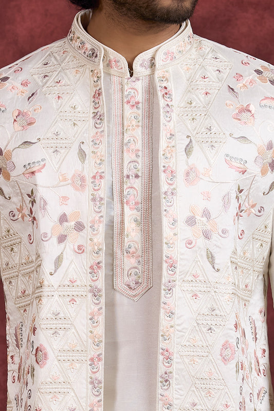 Cream Silk 3 piece Long Kurta Jacket (NMK-8695) - Nihal Fashions
