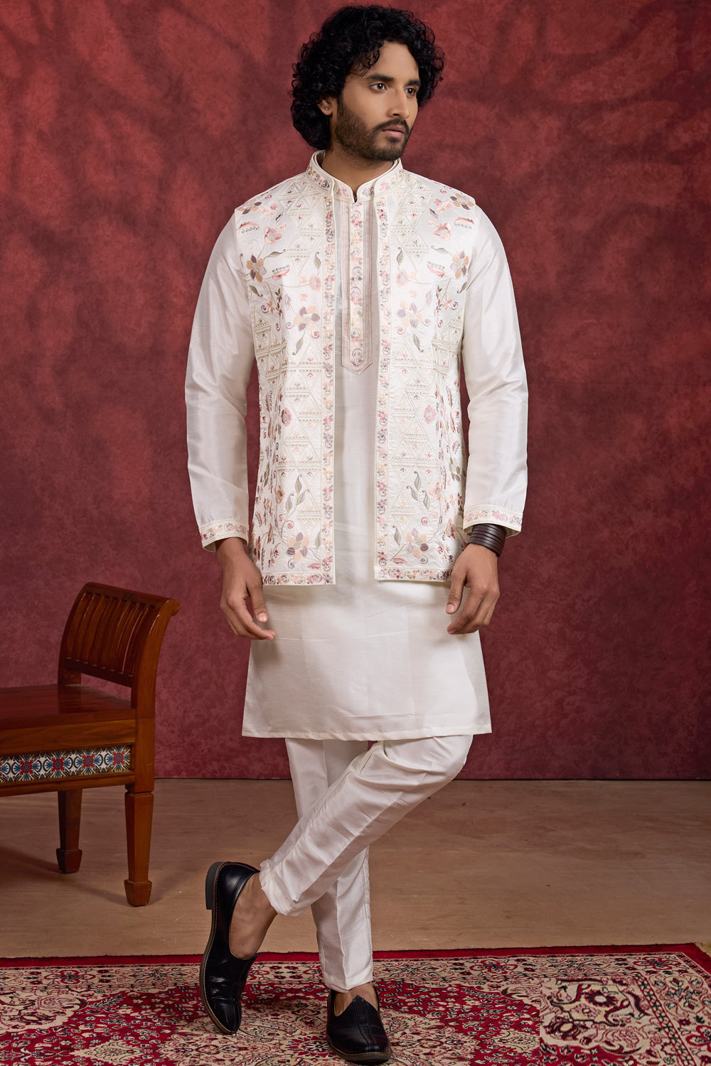 Cream Silk 3 piece Long Kurta Jacket (NMK-8695) - Nihal Fashions