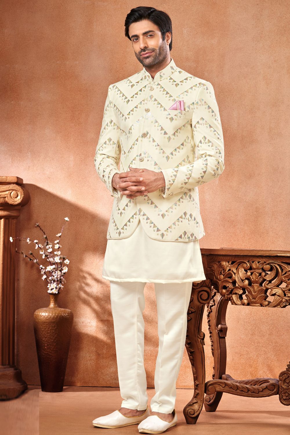 Cream Swade Velvet Mens Jodhpuri (NMK-7244) - Nihal Fashions