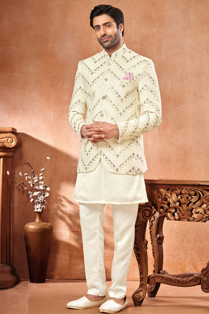 Cream Swade Velvet Mens Jodhpuri (NMK-7244) - Nihal Fashions