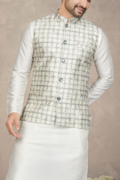 Cream with Lavender Art Silk Mens Nehru Jacket (NMK-6977) - Nihal Fashions