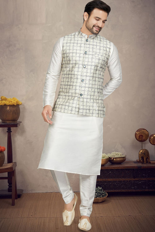 Cream with Lavender Art Silk Mens Nehru Jacket (NMK-6977) - Nihal Fashions